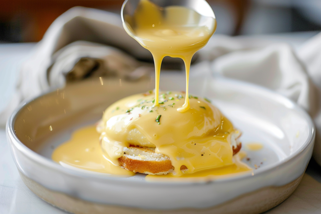 A creamy hollandaise sauce drizzled over poached eggs on a toasted English muffin, garnished with fresh herbs.