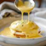A creamy hollandaise sauce drizzled over poached eggs on a toasted English muffin, garnished with fresh herbs.