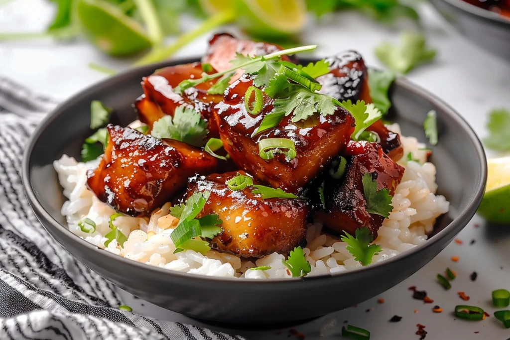 A plate of honey chipotle chicken rice garnished with cilantro and lime wedges