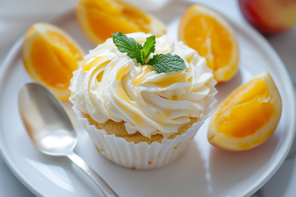 A creamy mixture of honey peach cream cheese spread on a toasted bagel, garnished with fresh peach slices and mint leaves.