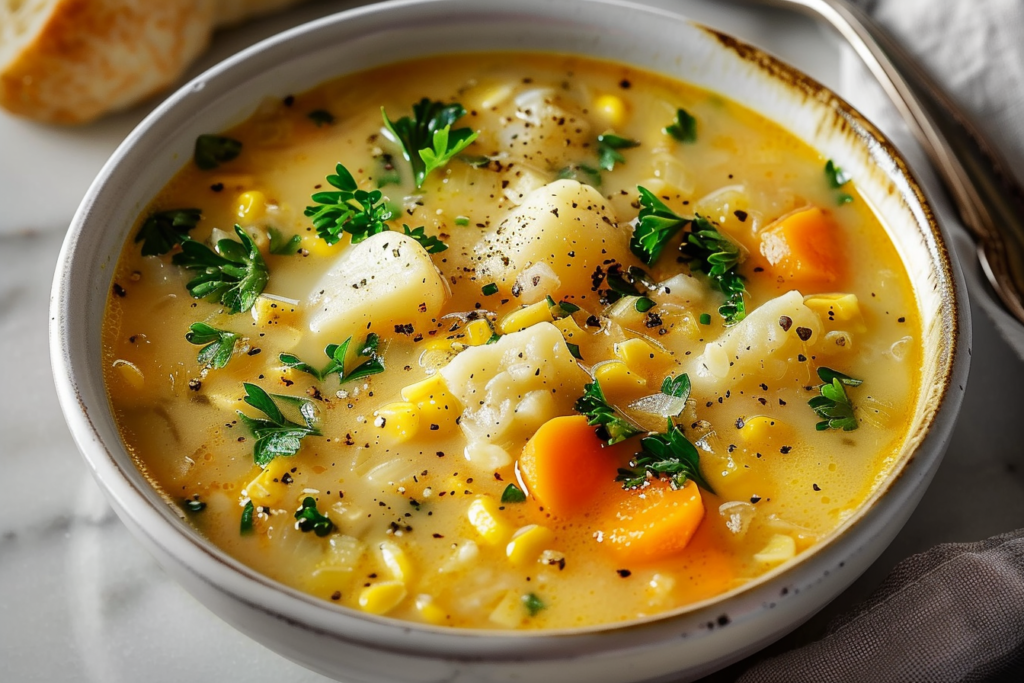 A bowl of Italian penicillin soup garnished with fresh herbs and a slice of lemon