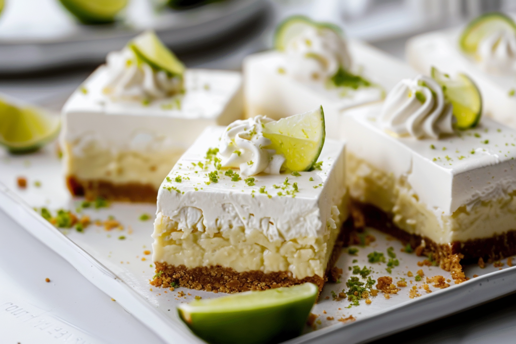 A close-up of key lime pie bars topped with whipped cream and lime zest on a white plate.
