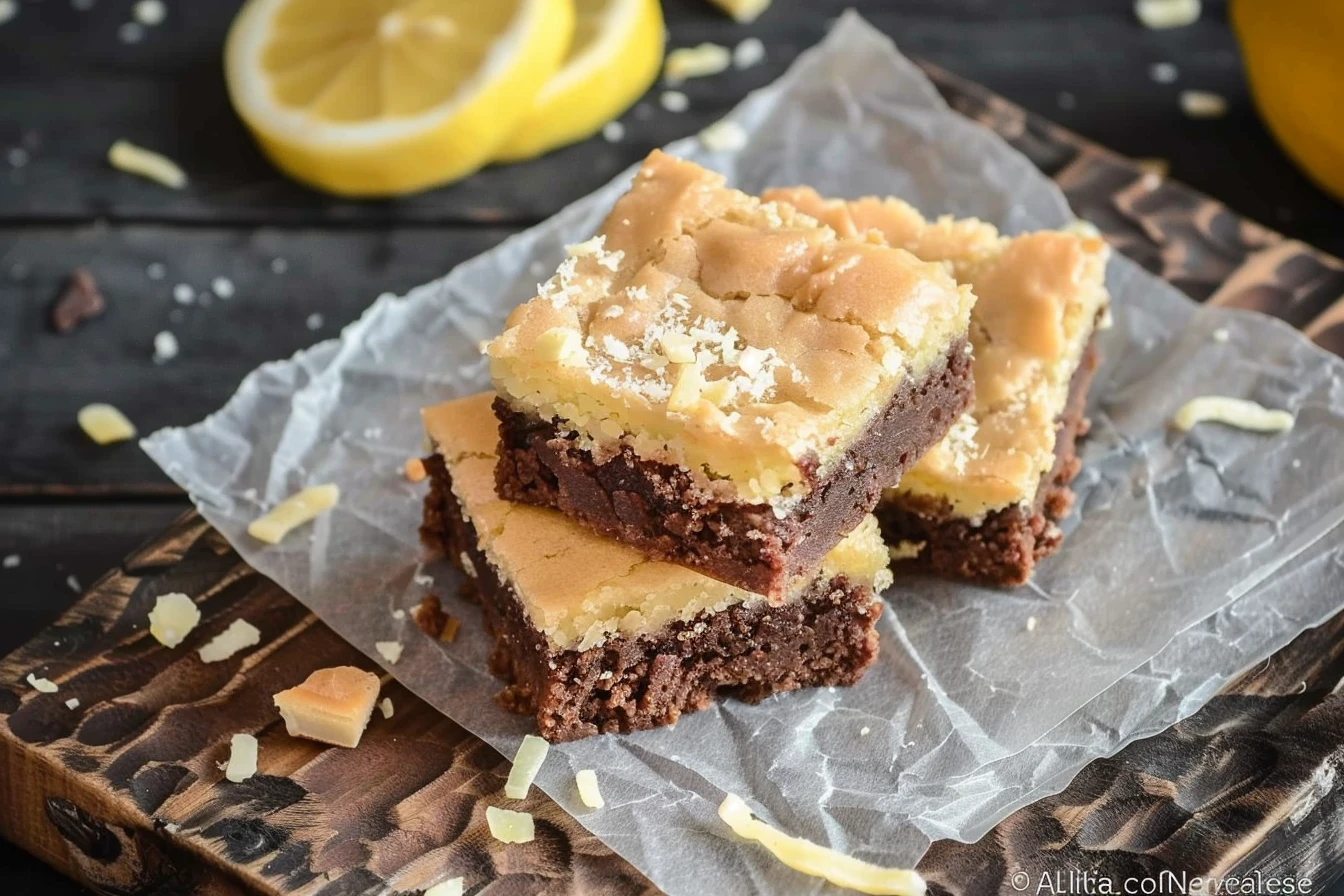 A plate of freshly baked lemon brownies topped with powdered sugar and lemon zest.