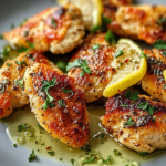 A beautifully plated lemon chicken romano crispy garnished with fresh herbs and lemon slices