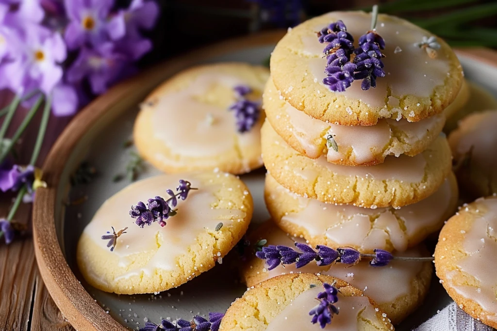 A plate of freshly baked lemon lavender cookies decorated with lavender sprigs and lemon slices