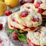 A plate of freshly baked lemon raspberry cookies topped with powdered sugar and fresh raspberries