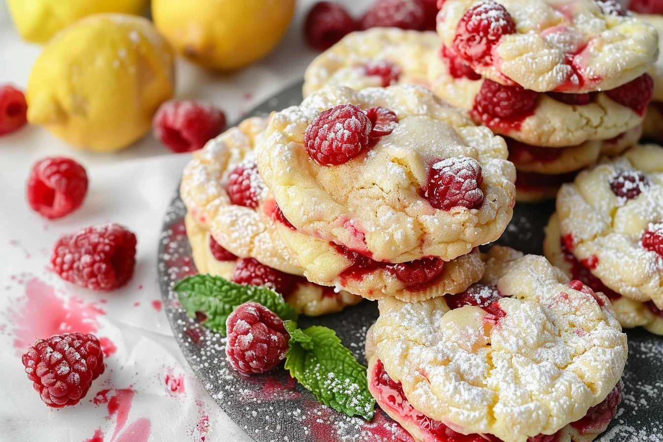 A plate of freshly baked lemon raspberry cookies topped with powdered sugar and fresh raspberries