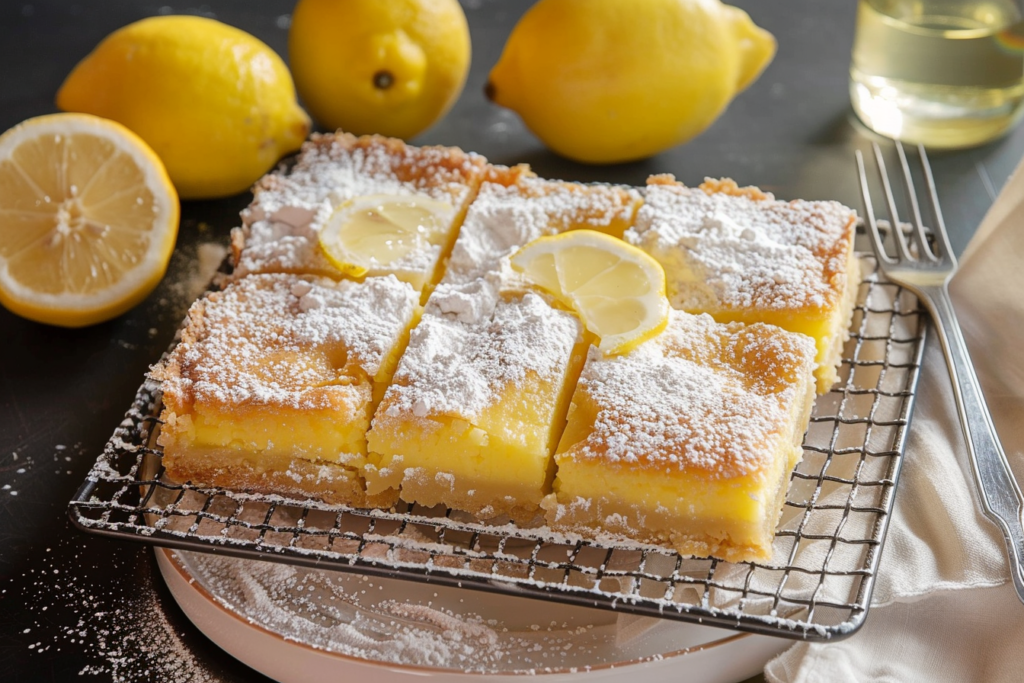 Plate of freshly baked lemon squares dusted with powdered sugar, garnished with lemon slices and mint leaves