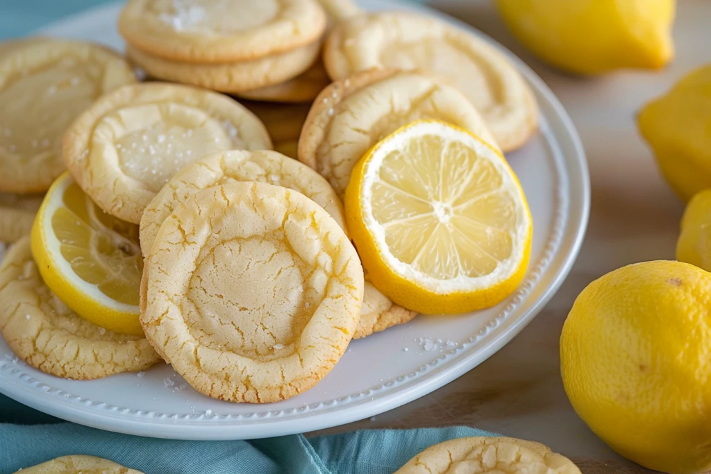 A plate of freshly baked lemon sugar cookies with a light dusting of powdered sugar