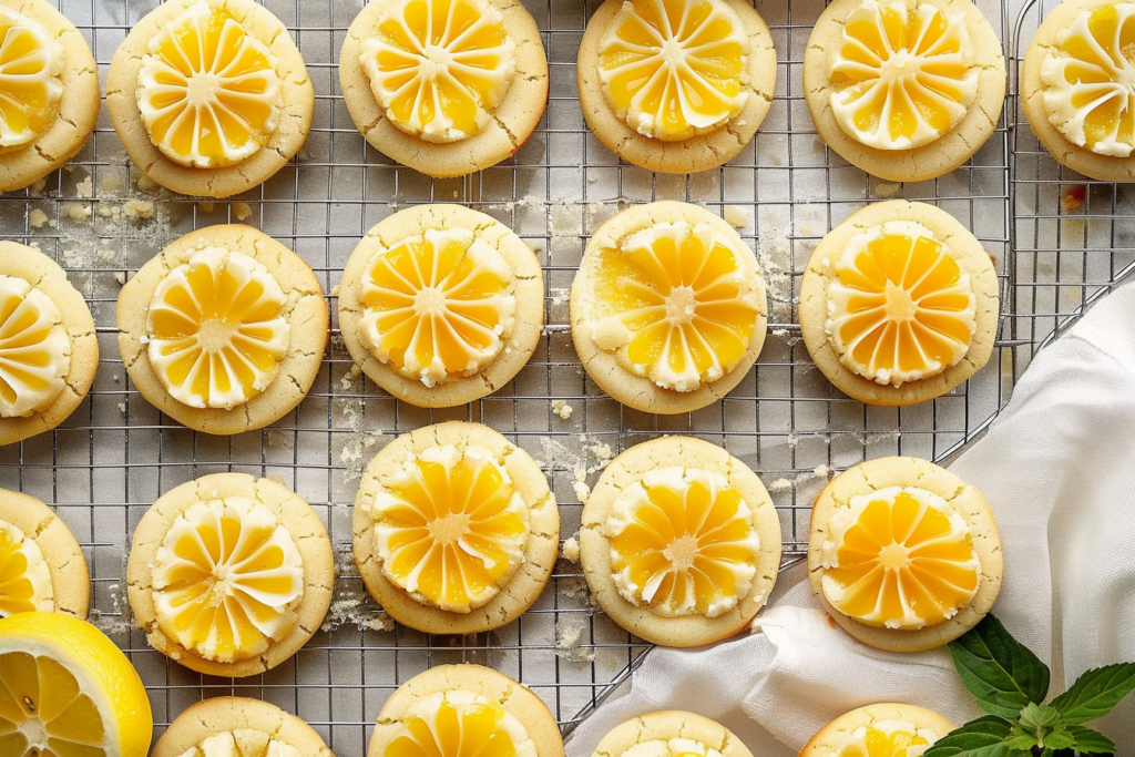 A plate of freshly baked lemon thumbprint cookies with lemon glaze and zest on top