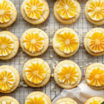 A plate of freshly baked lemon thumbprint cookies with lemon glaze and zest on top