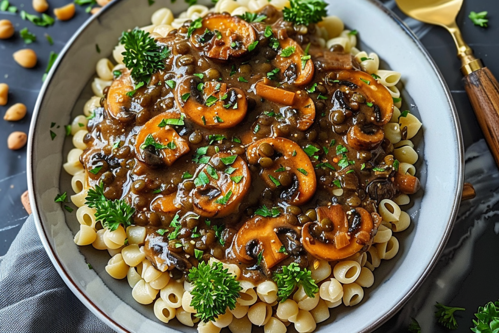 A creamy lentil mushroom stroganoff served in a white bowl garnished with fresh parsley