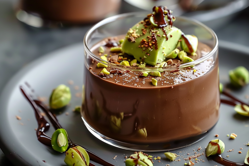 A decadent pistachio mousse chocolate dessert topped with crushed pistachios and chocolate shavings in elegant glass cups