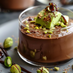 A decadent pistachio mousse chocolate dessert topped with crushed pistachios and chocolate shavings in elegant glass cups