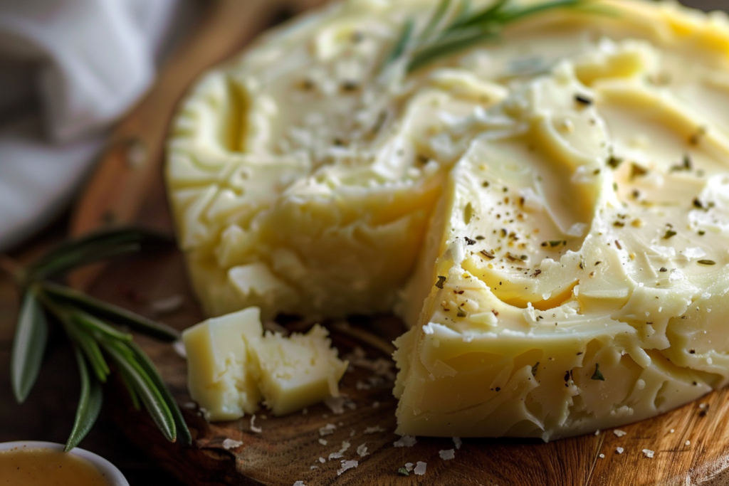 A creamy bowl of manchego brown butter whipped spread garnished with fresh herbs and served with crusty bread.