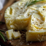 A creamy bowl of manchego brown butter whipped spread garnished with fresh herbs and served with crusty bread.