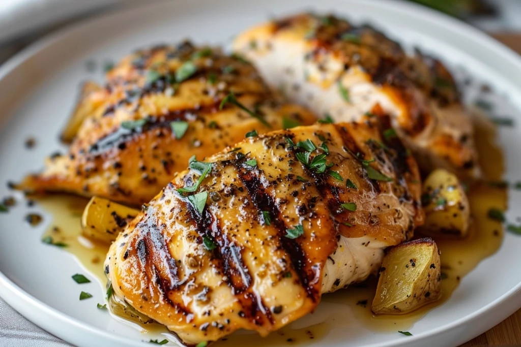 A bowl of mustard chicken marinade with herbs and spices, surrounded by fresh chicken breasts and mustard jars.