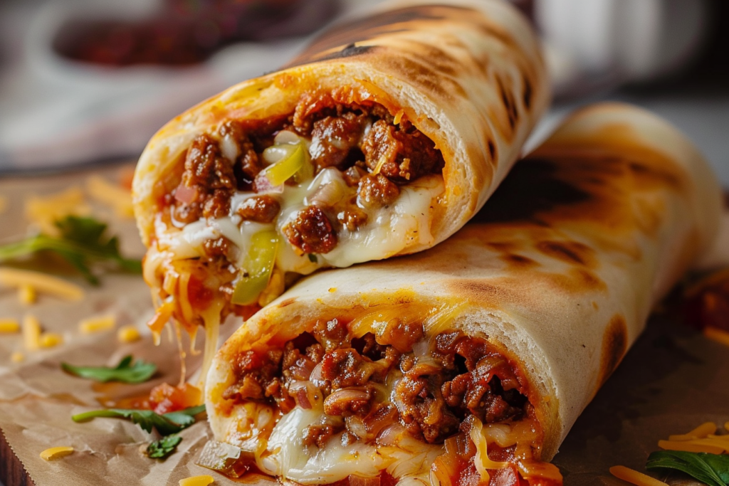 Delicious nacho cheese beef wrap garnished with fresh herbs and served on a wooden board