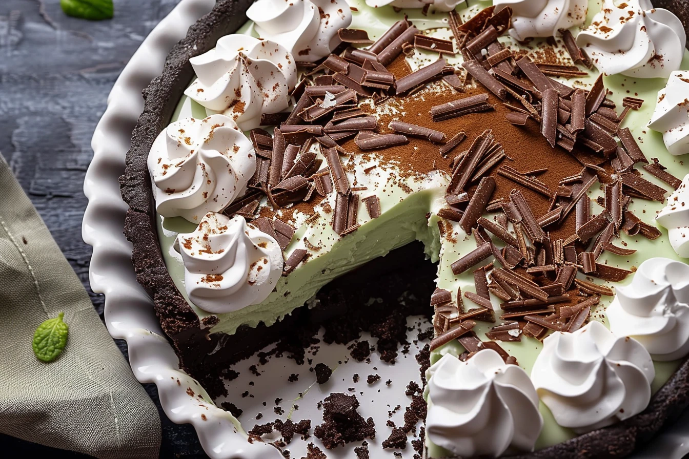 A delicious no bake grasshopper pie topped with whipped cream and chocolate shavings