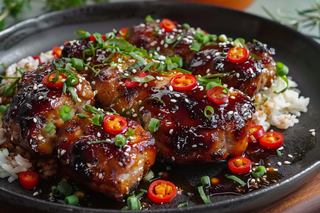 A delicious one pan honey BBQ dish with grilled chicken, vibrant vegetables, and a glossy glaze