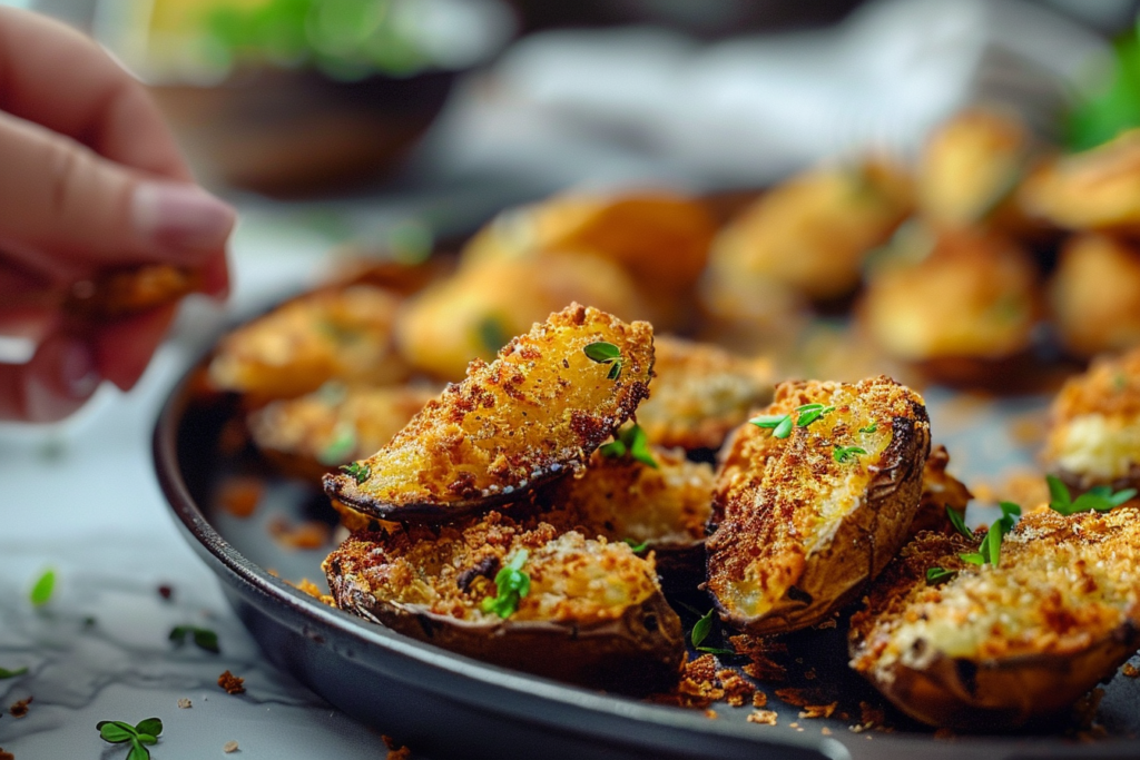 Golden brown parmesan crusted potatoes garnished with fresh herbs on a white plate