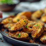 Golden brown parmesan crusted potatoes garnished with fresh herbs on a white plate
