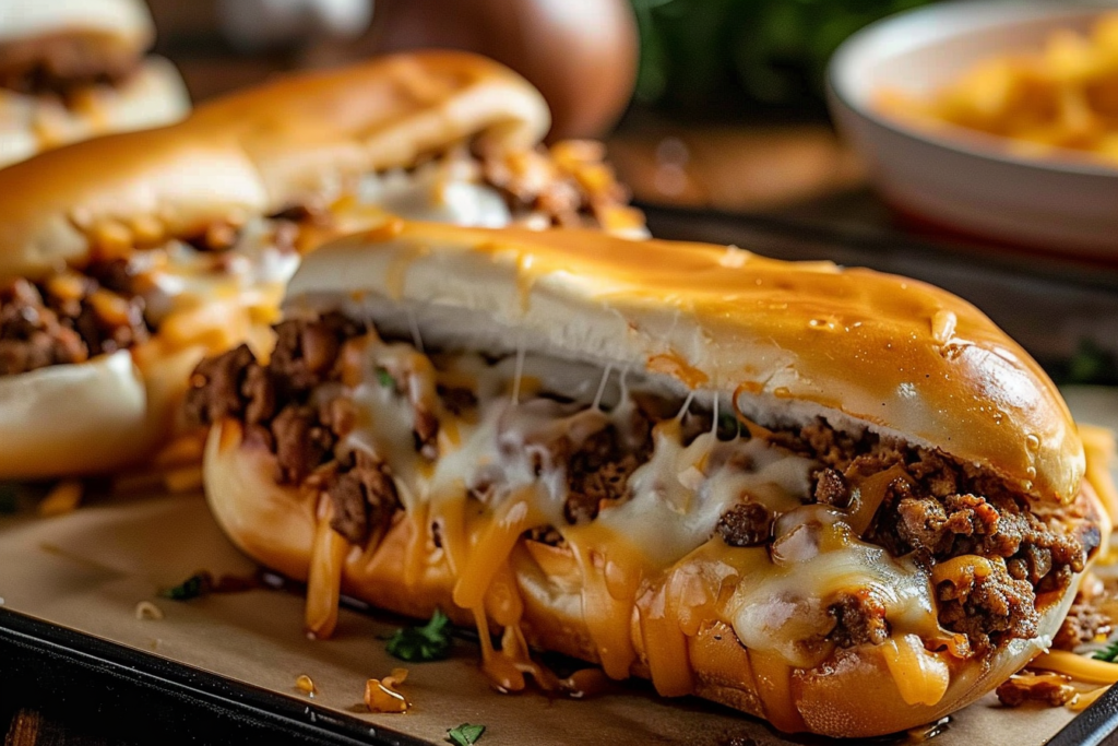 A plate of Philly cheese steak sloppy joes topped with melted cheese and sautéed peppers