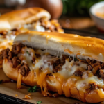 A plate of Philly cheese steak sloppy joes topped with melted cheese and sautéed peppers