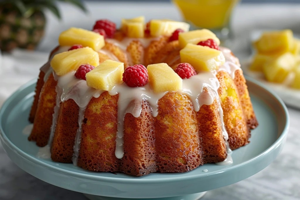 A slice of pina colada pound cake topped with coconut flakes and pineapple slices on a wooden table