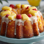 A slice of pina colada pound cake topped with coconut flakes and pineapple slices on a wooden table