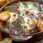 A delicious pot roast beef philly sandwich loaded with melted cheese and sautéed peppers on a crusty hoagie roll.