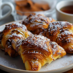 A warm chocolate croissant breakfast bake topped with melted chocolate and powdered sugar, served in a white dish