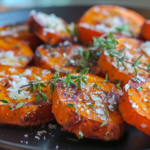 A plate of golden brown roasted sweet potato rounds garnished with fresh herbs and spices