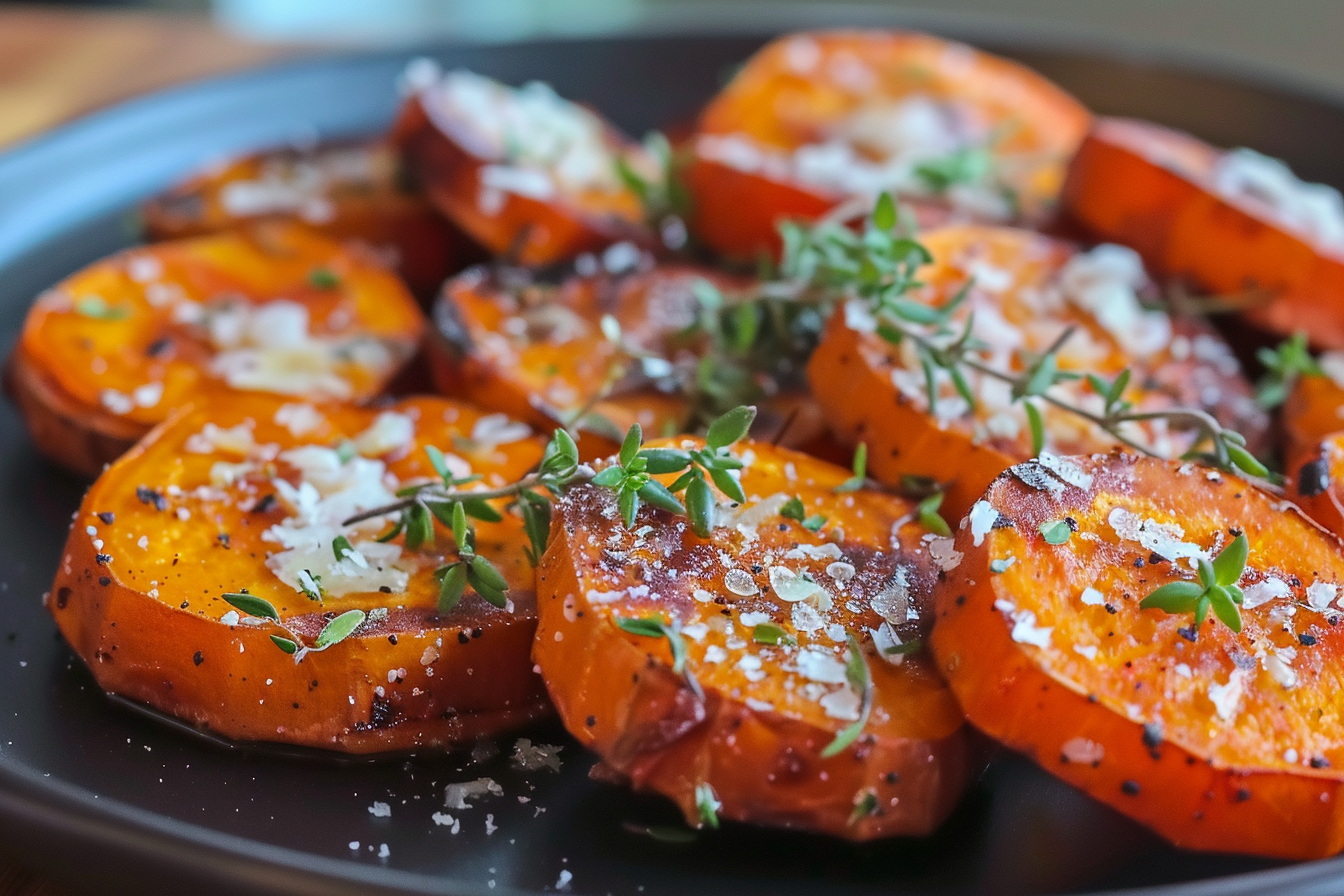 roasted sweet potato rounds: 3 Incredible Ideas to Make 1 A plate of golden brown roasted sweet potato rounds garnished with fresh herbs and spices