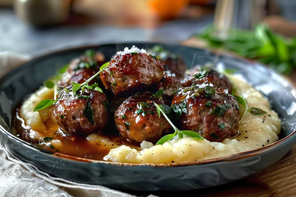 Delicious Salisbury steak meatballs garnished with fresh parsley and served with creamy gravy on a white plate