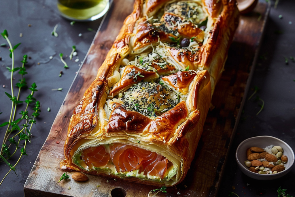 Golden-brown salmon en croute with flaky pastry on a white plate, garnished with lemon slices and herbs