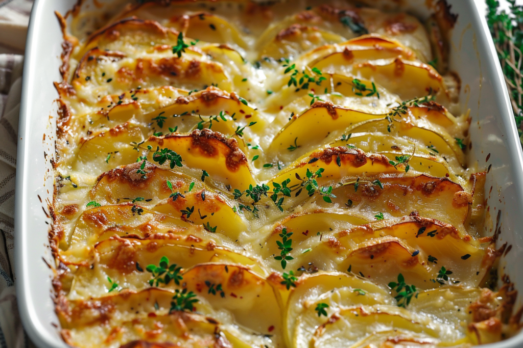 A creamy dish of scalloped potatoes topped with golden brown cheese and herbs