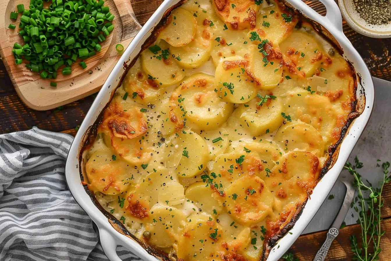 A creamy dish of scalloped potatoes topped with golden cheese and fresh herbs