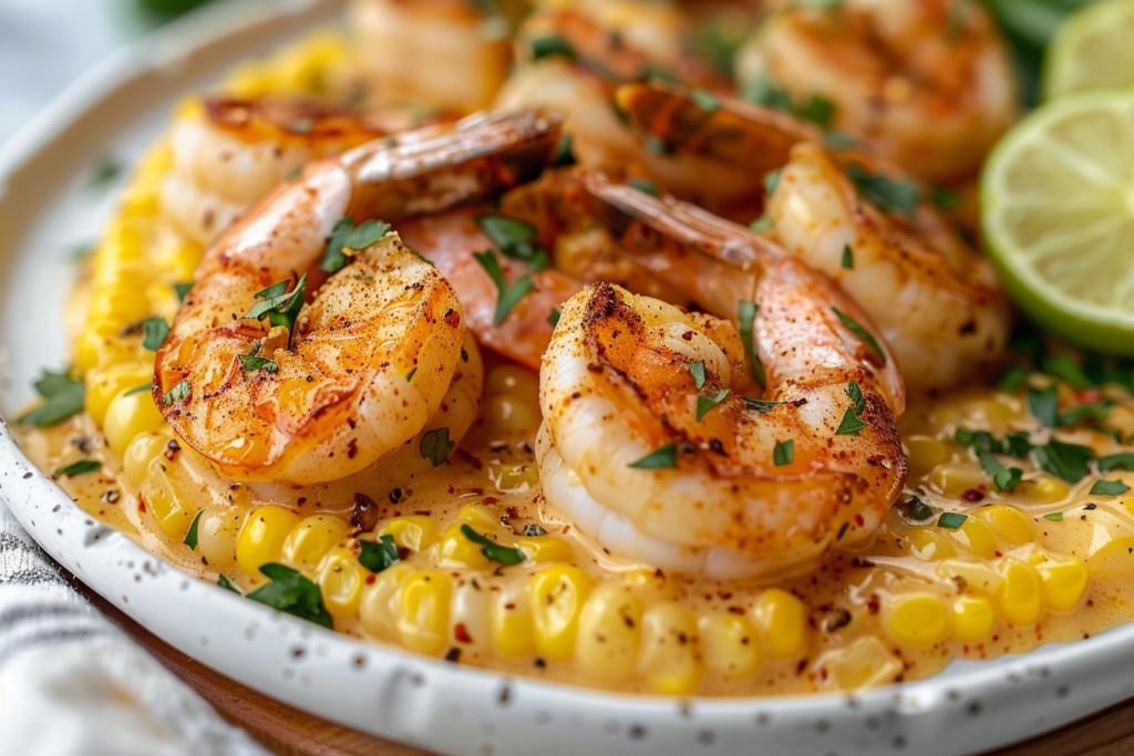 A bowl of creamy shrimp creamed corn topped with fresh herbs and spices