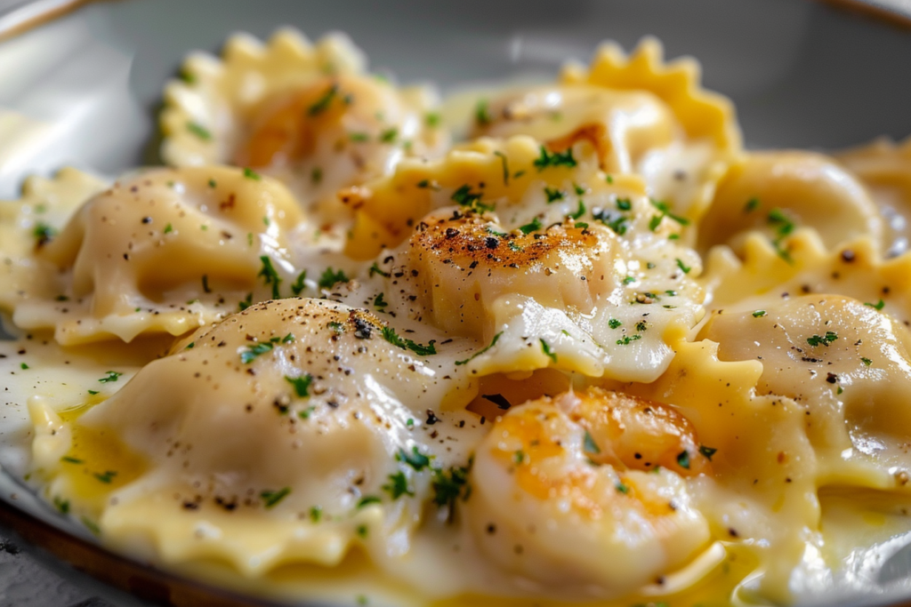A plate of shrimp ravioli in creamy garlic sauce garnished with parsley and cherry tomatoes