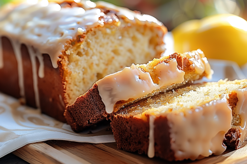 A beautifully sliced Starbucks copycat lemon loaf with a glaze on top, surrounded by fresh lemons and a sprig of mint.