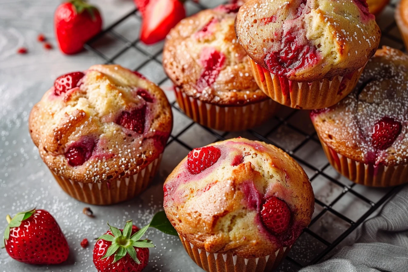 strawberry banana muffins recipe: 5 Easy & Delicious Recipes 1 Freshly baked strawberry banana muffins arranged on a wooden table with strawberries and bananas beside them