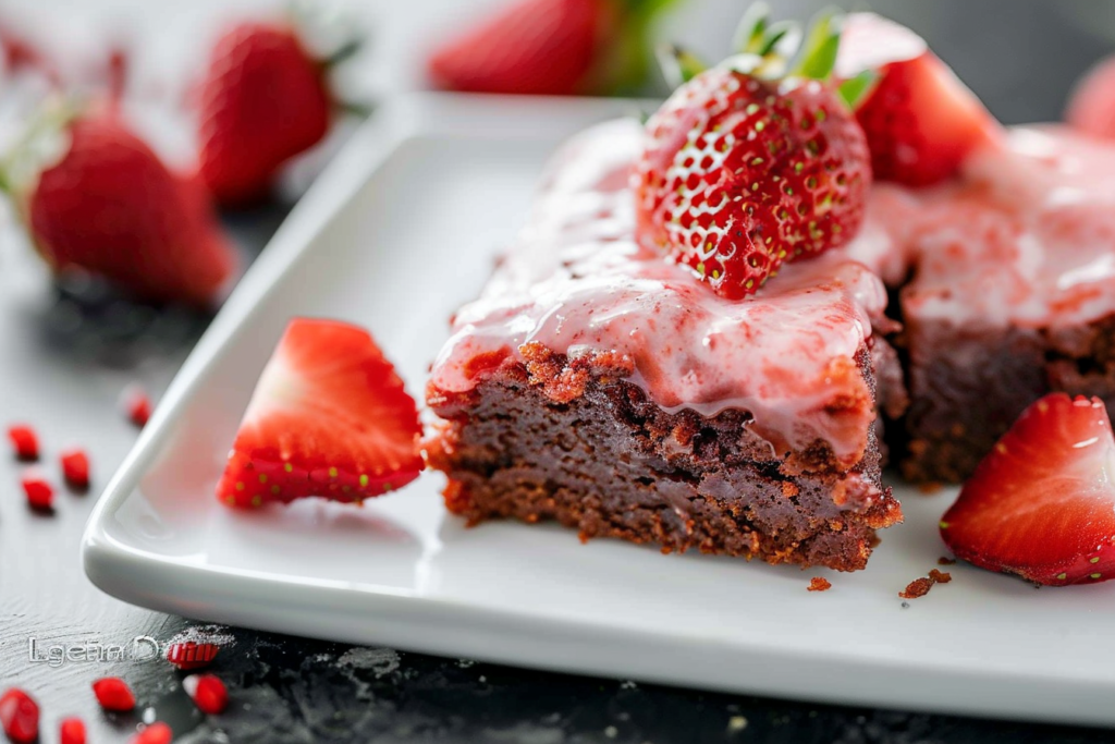 A plate of freshly baked strawberry brownies topped with sliced strawberries and a dusting of powdered sugar