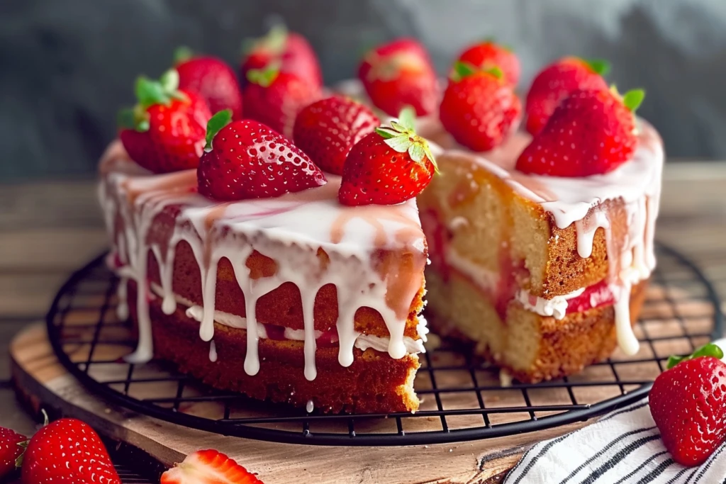 A slice of strawberry glazed pound cake topped with fresh strawberries and mint leaves on a white plate.