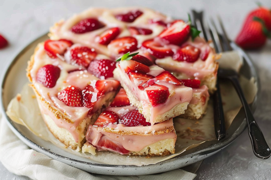 Delicious strawberry lemon blondies topped with fresh strawberries and lemon zest on a wooden cutting board.