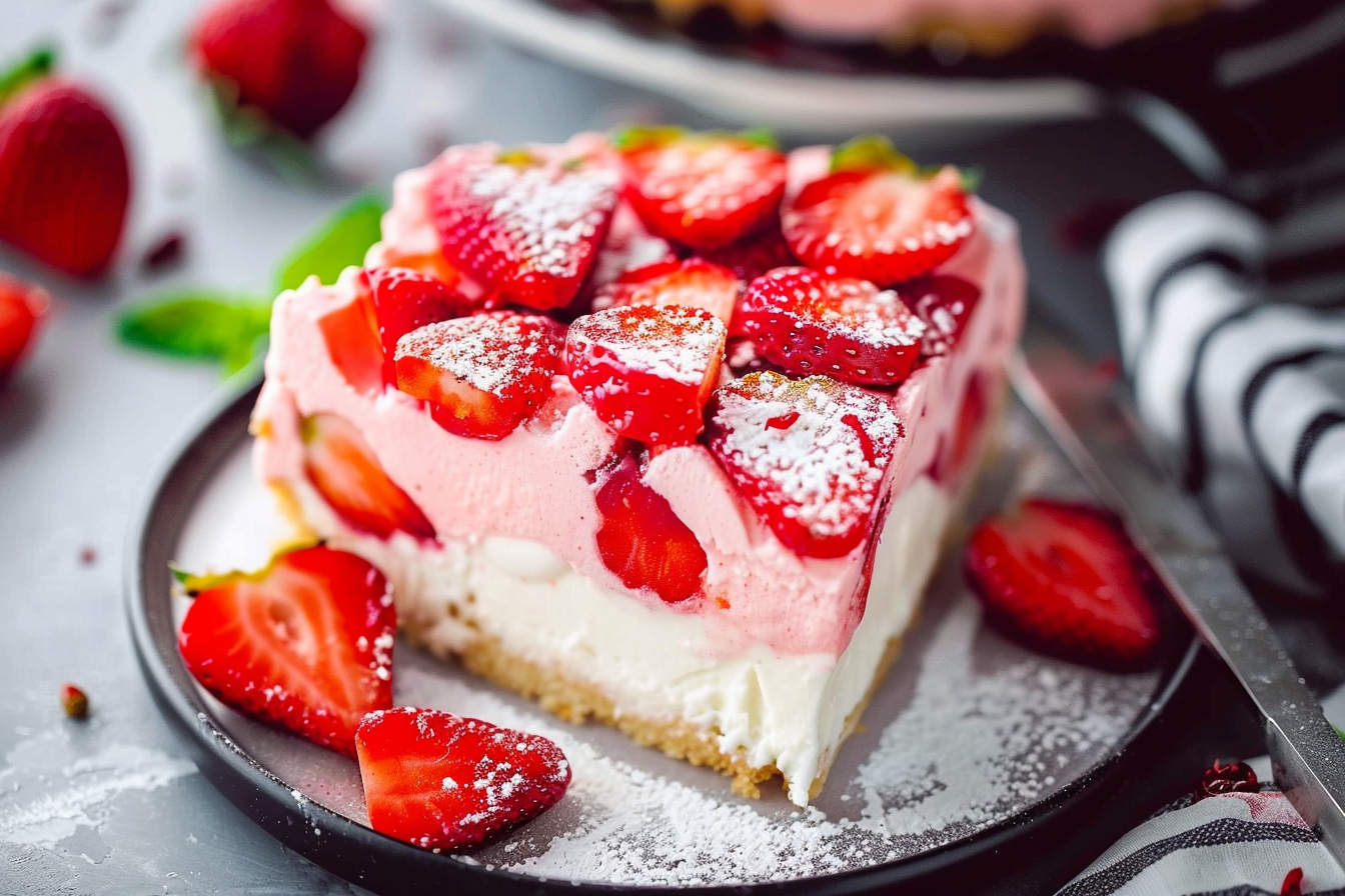 A delicious strawberry poke cake topped with fresh strawberries and whipped cream