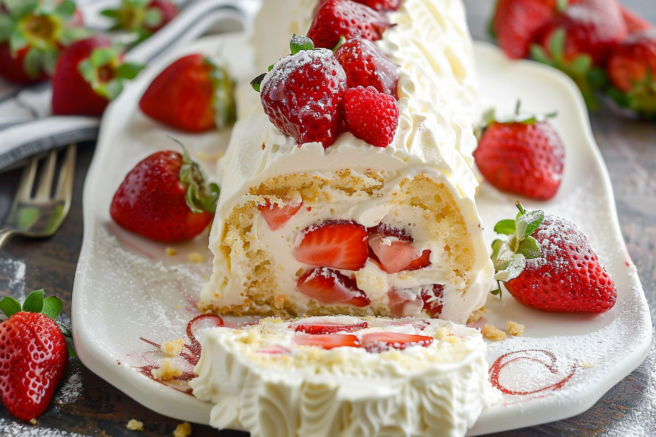 A beautifully rolled strawberry shortcake cake with fresh strawberries and whipped cream