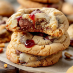 A plate of freshly baked stuffed cookies filled with chocolate and caramel, topped with sea salt