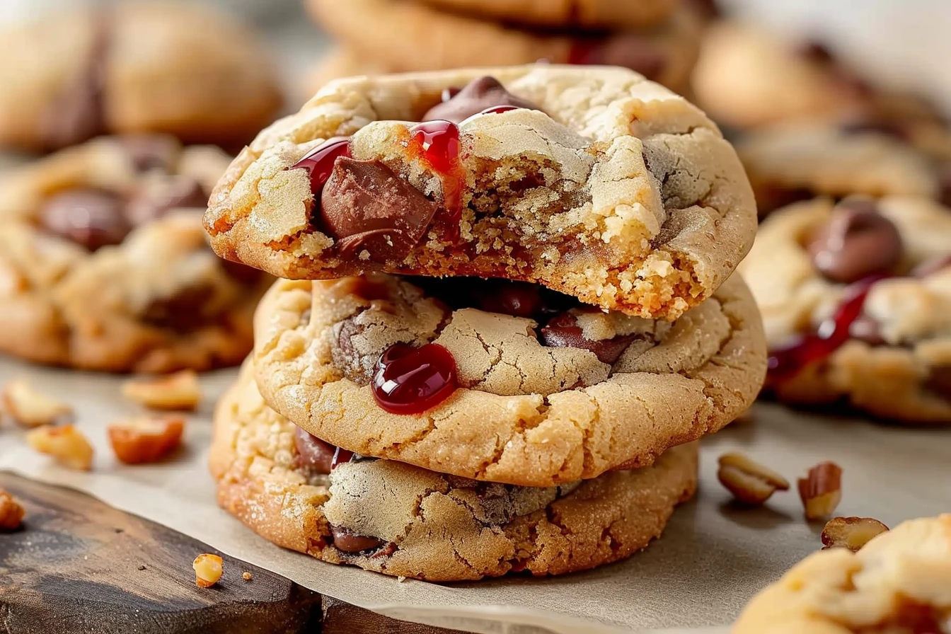 A plate of freshly baked stuffed cookies filled with chocolate and caramel, topped with sea salt