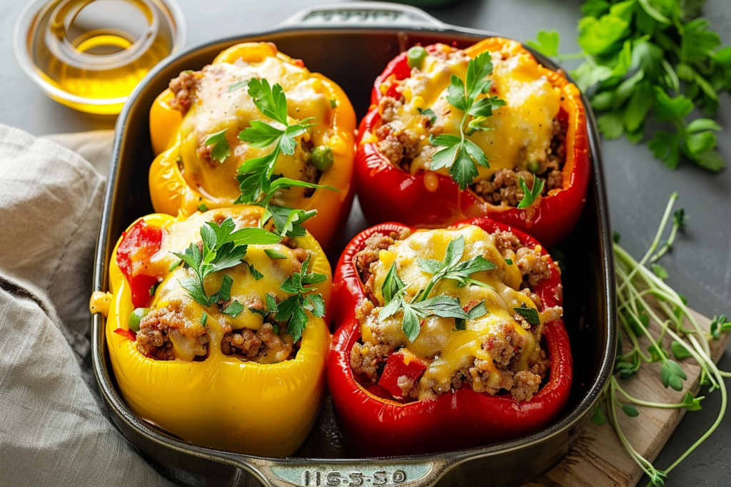 Colorful stuffed peppers filled with ground meat and topped with cheese, garnished with herbs